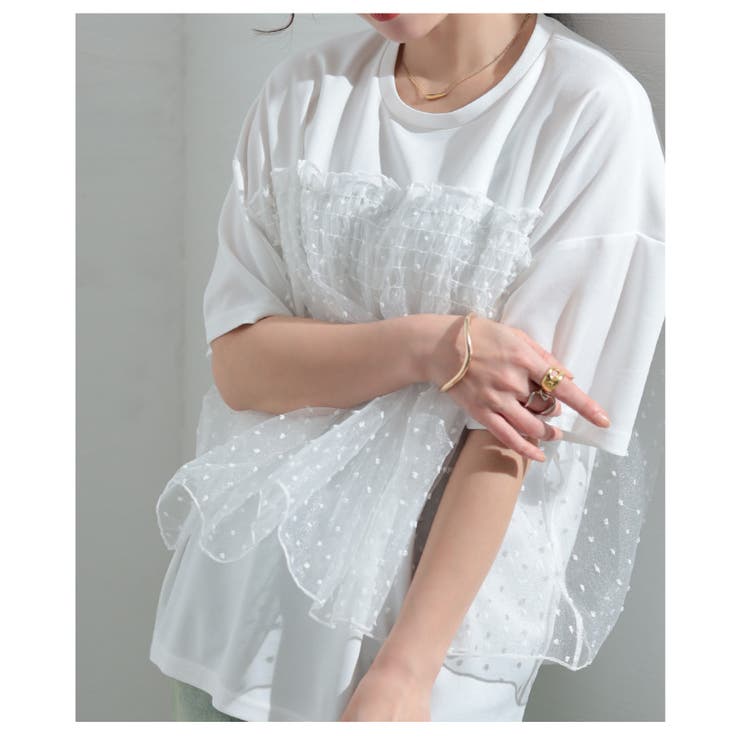 甘さ引き立つドット柄シフォン異素材カットソー【4月17日20時販売新作】