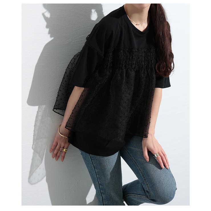 甘さ引き立つドット柄シフォン異素材カットソー【4月17日20時販売新作】