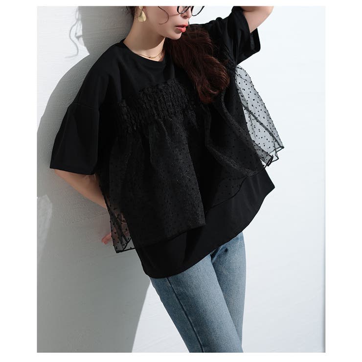 甘さ引き立つドット柄シフォン異素材カットソー【4月17日20時販売新作】