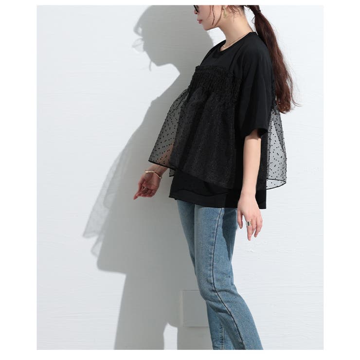 甘さ引き立つドット柄シフォン異素材カットソー【4月17日20時販売新作】