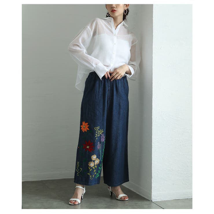 花を添えたインド手刺繍デニムワイドパンツ【4月26日20時販売新作】