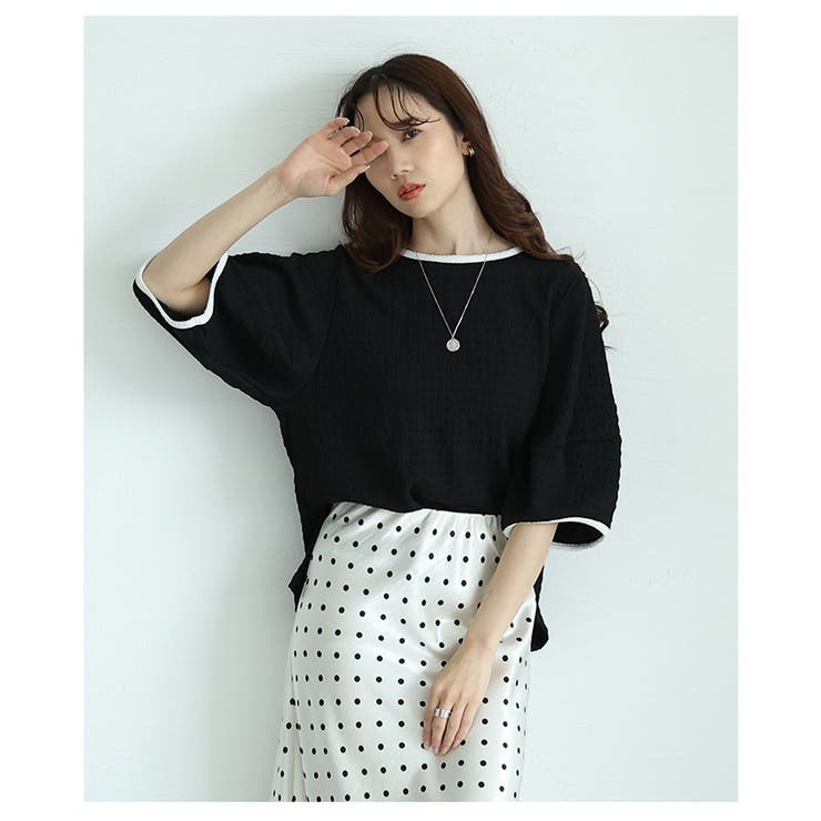 バックリボンのバルーンスリーブジャガードトップス【5月17日20時販売新作】
