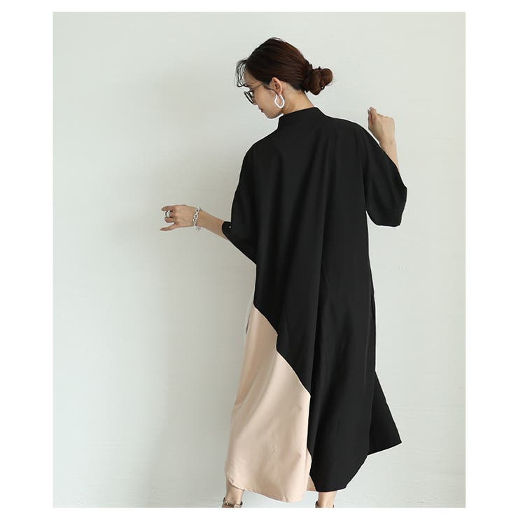 切り替え配色アシンメトリーシャツワンピース【5月21日20時販売新作】
