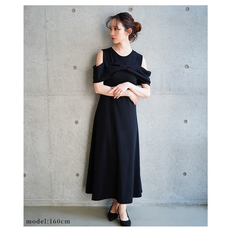 大人の肌見せショルダーリボンフレアワンピース【6月2日20時販売新作】
