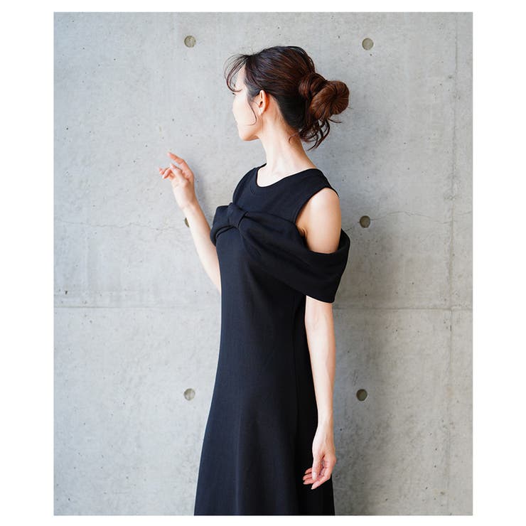 大人の肌見せショルダーリボンフレアワンピース【6月2日20時販売新作】