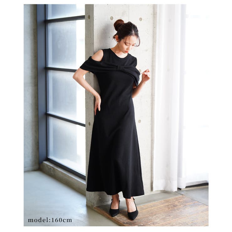 大人の肌見せショルダーリボンフレアワンピース【6月2日20時販売新作】
