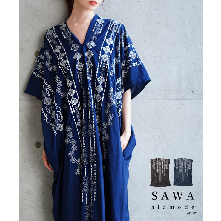 自然の温もりを感じる刺繍デザインインド綿カフタンワンピース レディース | Sawa a la mode | 詳細画像1 