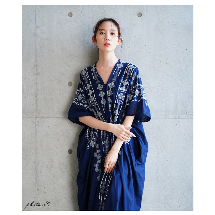 自然を感じる刺繍デザインインド綿カフタンワンピース【6月2日20時販売新作】