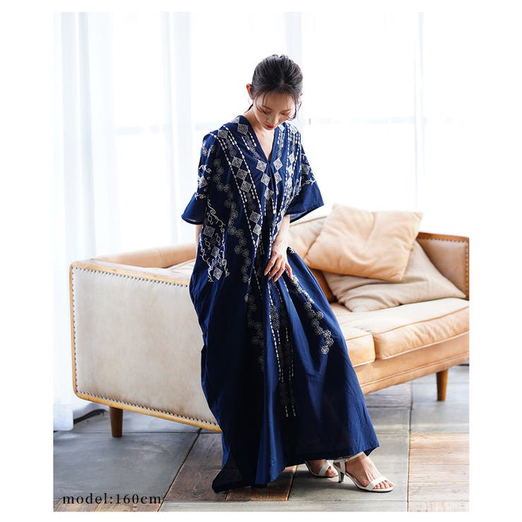 自然を感じる刺繍デザインインド綿カフタンワンピース【6月2日20時販売新作】