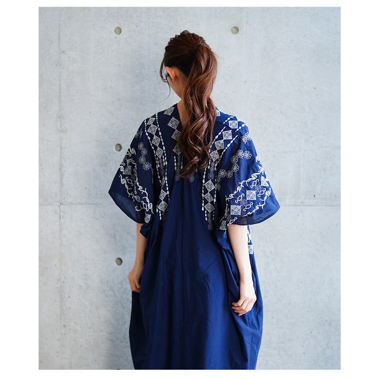 自然を感じる刺繍デザインインド綿カフタンワンピース【6月2日20時販売新作】