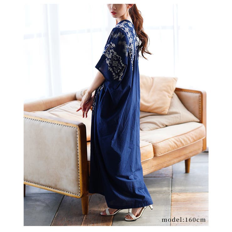 自然を感じる刺繍デザインインド綿カフタンワンピース【6月2日20時販売新作】