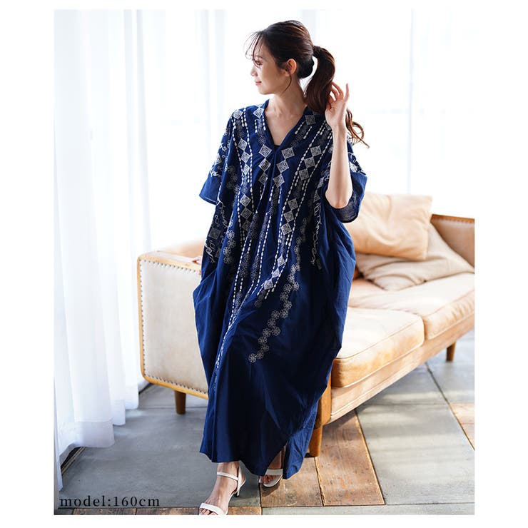 自然を感じる刺繍デザインインド綿カフタンワンピース【6月2日20時販売新作】