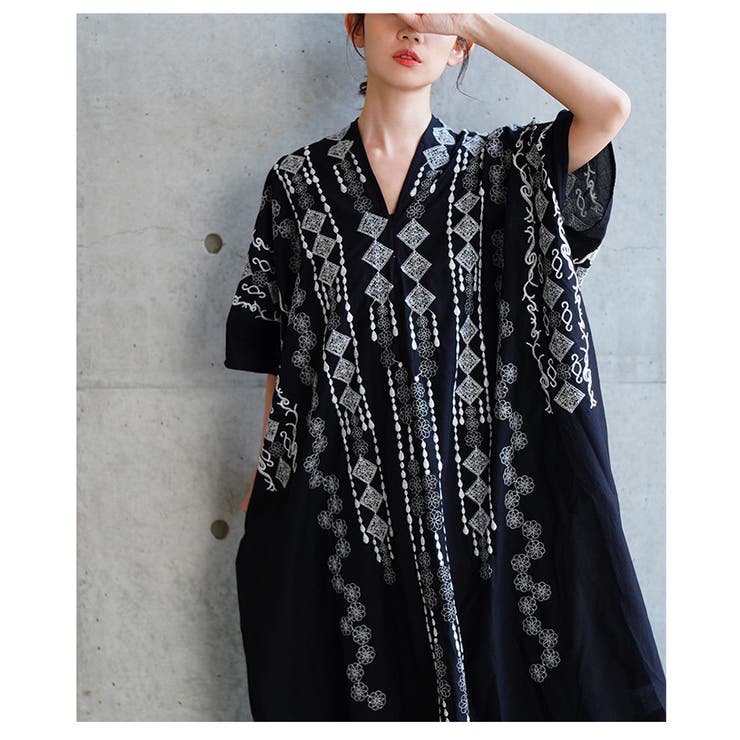 自然を感じる刺繍デザインインド綿カフタンワンピース【6月2日20時販売新作】
