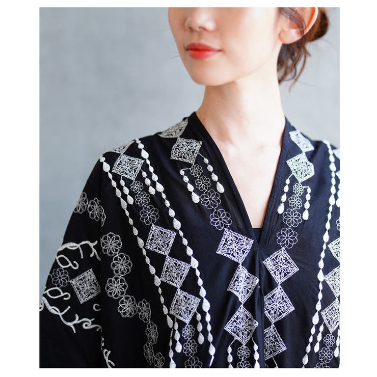 自然を感じる刺繍デザインインド綿カフタンワンピース【6月2日20時販売新作】