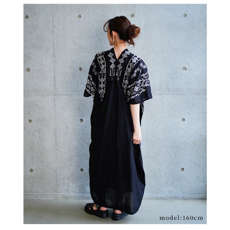 自然を感じる刺繍デザインインド綿カフタンワンピース【6月2日20時販売新作】