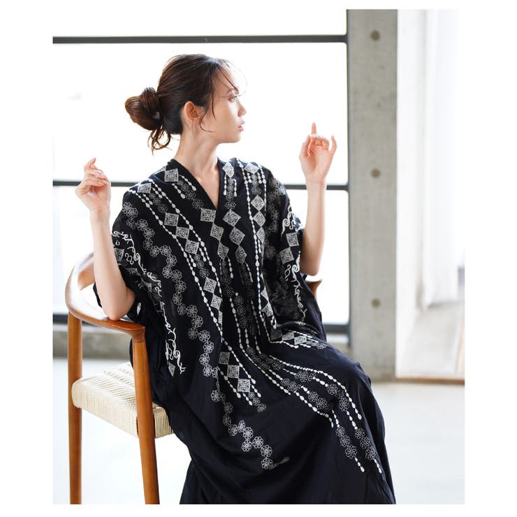 自然を感じる刺繍デザインインド綿カフタンワンピース【6月2日20時販売新作】