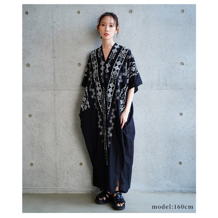 自然を感じる刺繍デザインインド綿カフタンワンピース【6月2日20時販売新作】