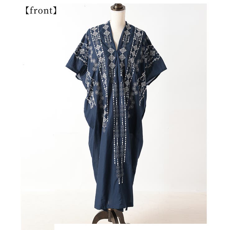 自然を感じる刺繍デザインインド綿カフタンワンピース【6月2日20時販売新作】
