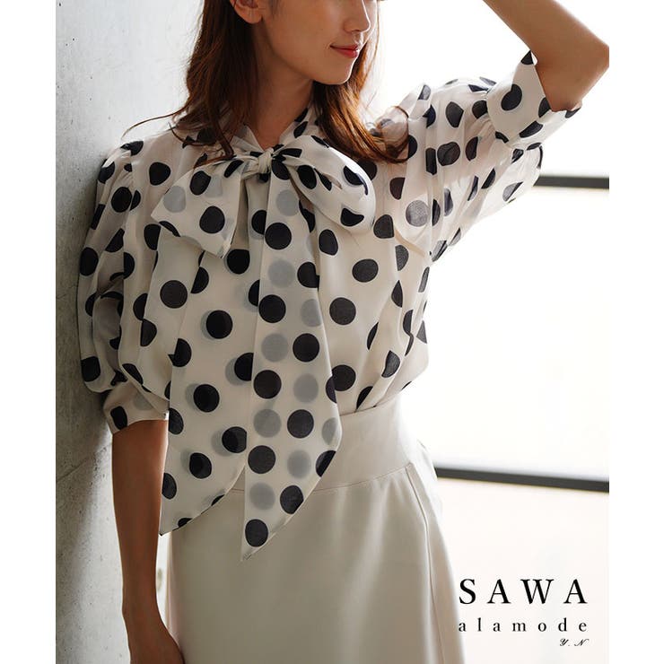 トレンドライクに着こなせるボウタイリボンのシアードットパフスリーブブラウス | Sawa a la mode | 詳細画像1 