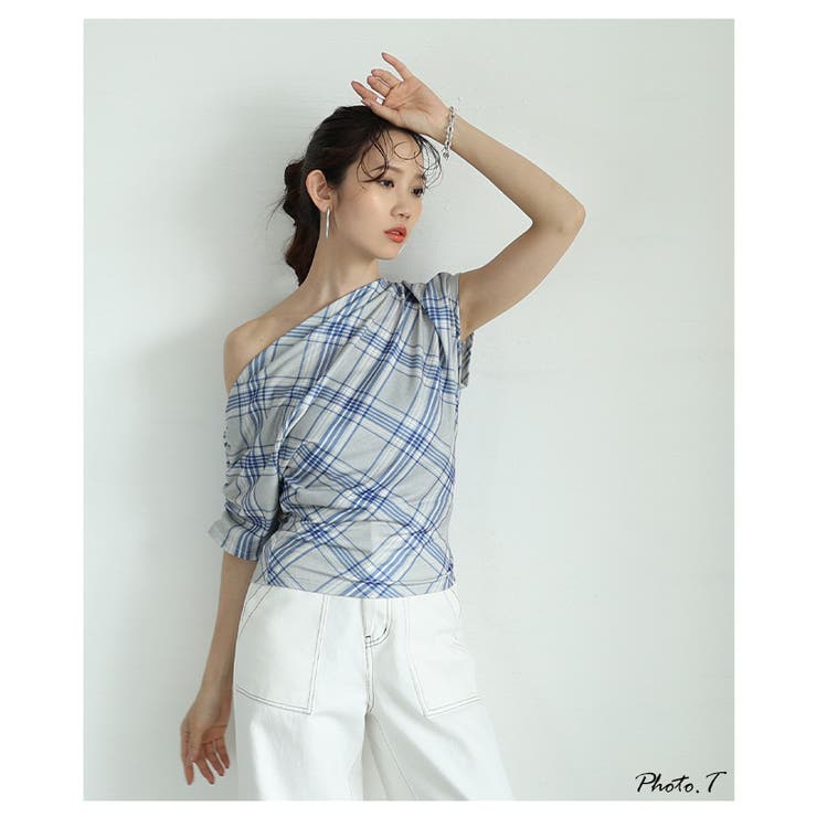 こなれる着こなしチェック柄ワンショルダーカットソー【6月19日20時販売新作】