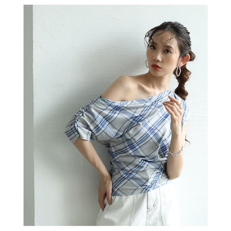 こなれる着こなしチェック柄ワンショルダーカットソー【6月19日20時販売新作】