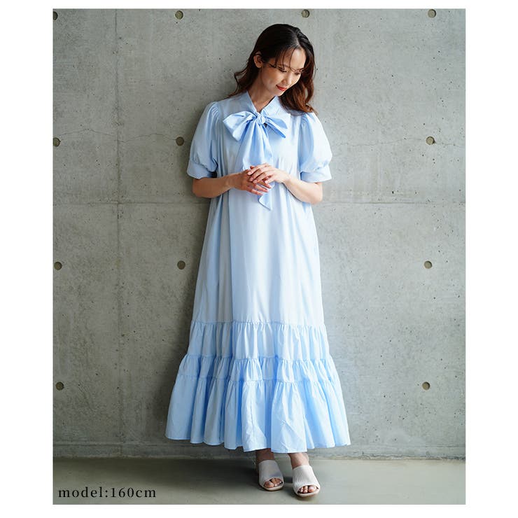 パフスリーブリボンティアードロングワンピース【6月25日20時販売新作】