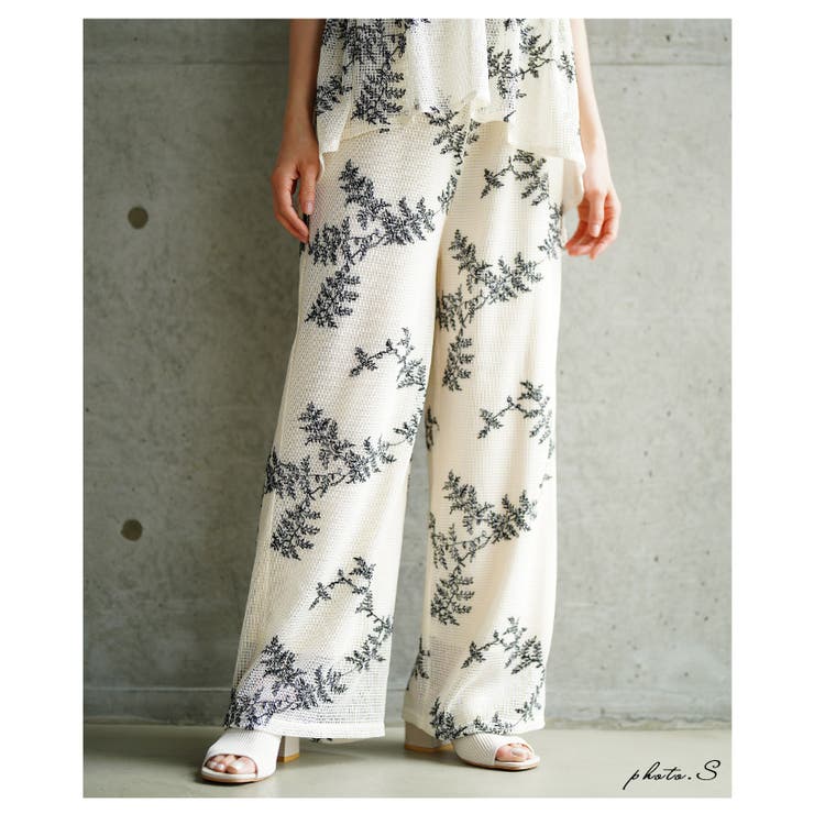 シックに華やぐリーフ刺繍メッシュワイドパンツ【6月23日20時販売新作】