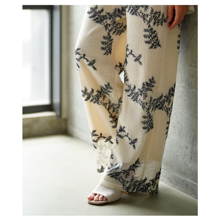 シックに華やぐリーフ刺繍メッシュワイドパンツ【6月23日20時販売新作】