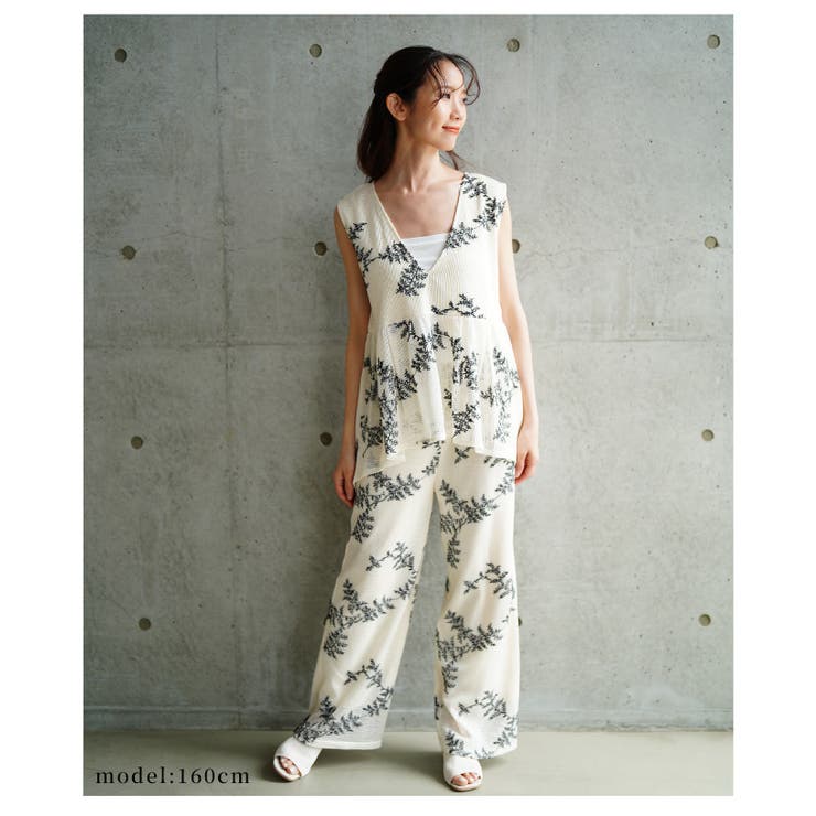 シックに華やぐリーフ刺繍メッシュワイドパンツ【6月23日20時販売新作】