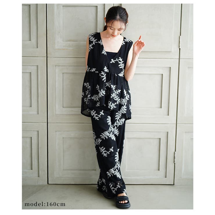 シックに華やぐリーフ刺繍メッシュワイドパンツ【6月23日20時販売新作】