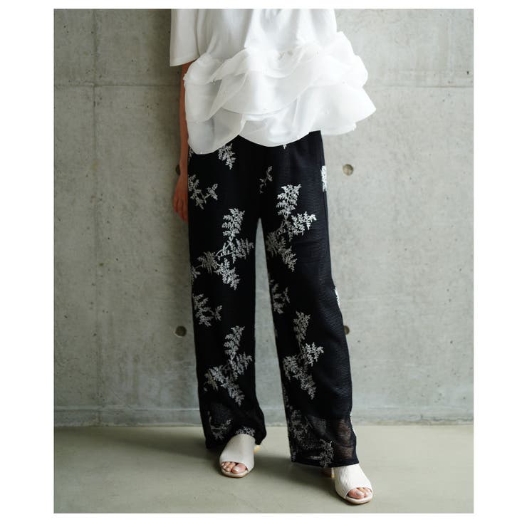 シックに華やぐリーフ刺繍メッシュワイドパンツ【6月23日20時販売新作】