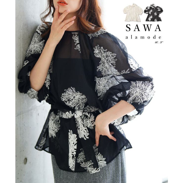 大輪の白花刺繍が美しいリボン付きシアーブラウストップス レディース ファッション | Sawa a la mode | 詳細画像1 