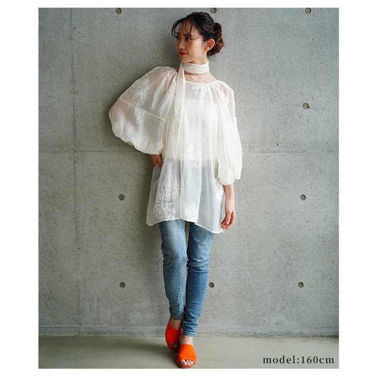 白花刺繍のリボン付きシアーブラウストップス【6月25日20時販売新作】