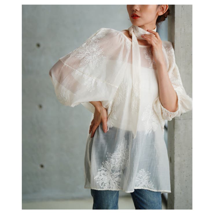 白花刺繍のリボン付きシアーブラウストップス【6月25日20時販売新作】