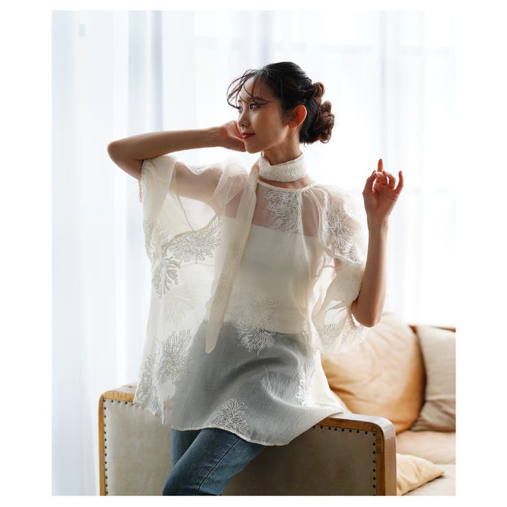 白花刺繍のリボン付きシアーブラウストップス【6月25日20時販売新作】