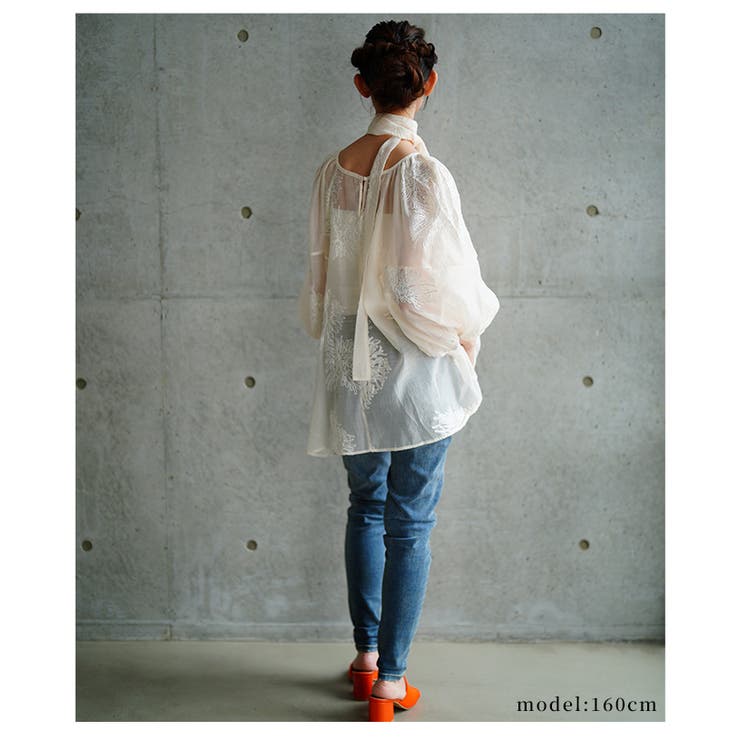 白花刺繍のリボン付きシアーブラウストップス【6月25日20時販売新作】