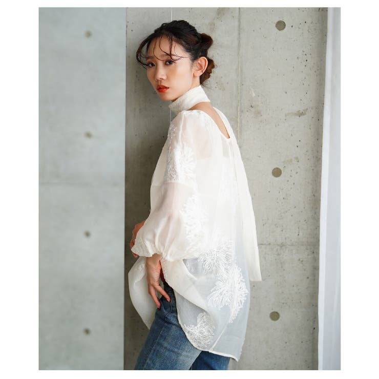 白花刺繍のリボン付きシアーブラウストップス【6月25日20時販売新作】