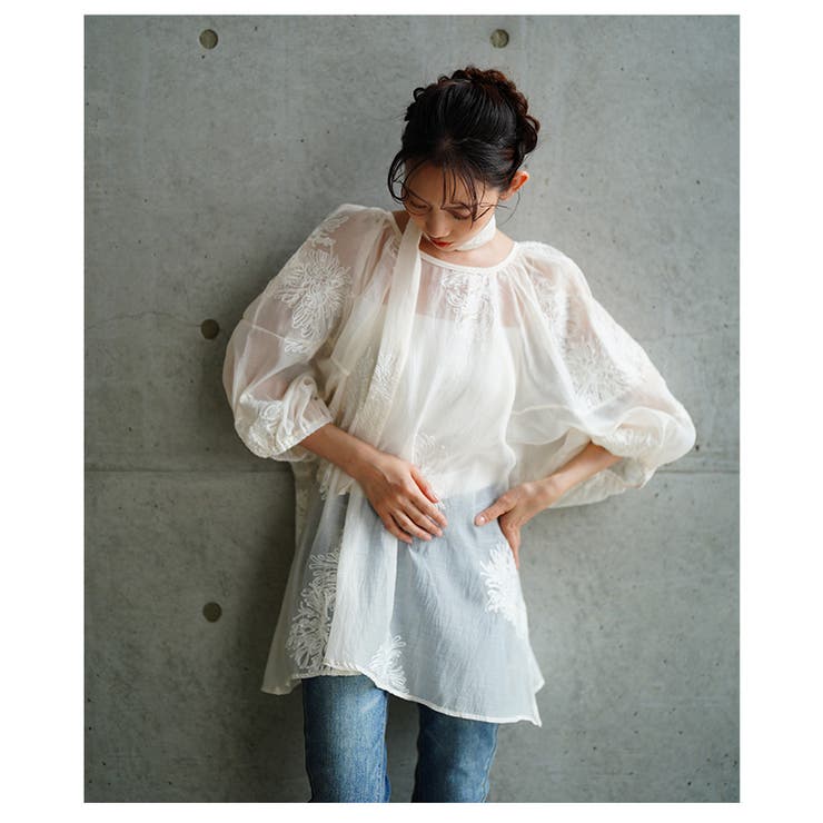 白花刺繍のリボン付きシアーブラウストップス【6月25日20時販売新作】