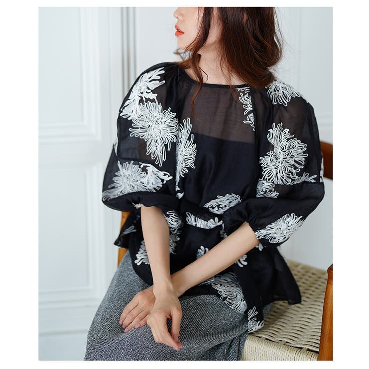 白花刺繍のリボン付きシアーブラウストップス【6月25日20時販売新作】