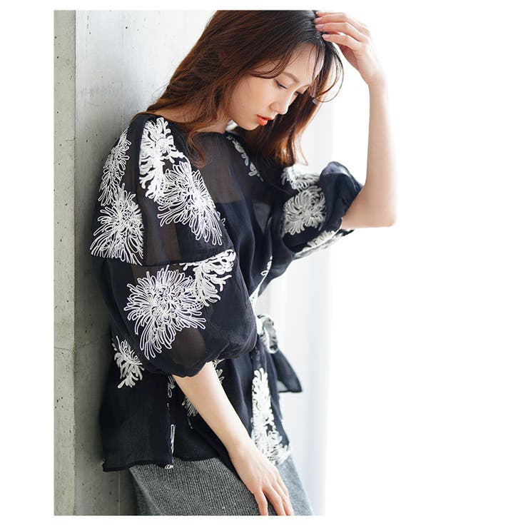 白花刺繍のリボン付きシアーブラウストップス【6月25日20時販売新作】