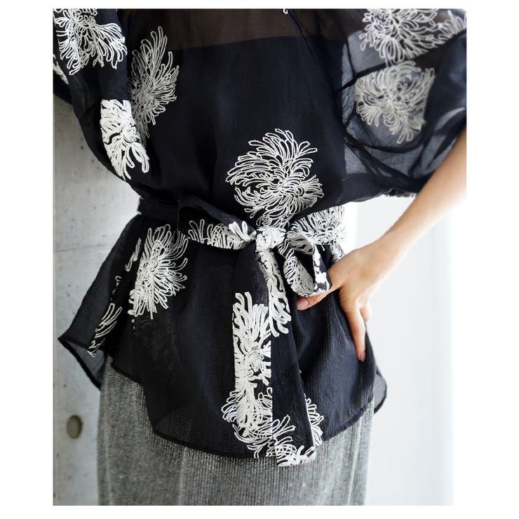 白花刺繍のリボン付きシアーブラウストップス【6月25日20時販売新作】