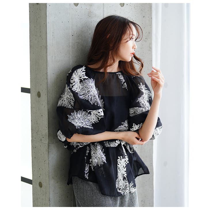白花刺繍のリボン付きシアーブラウストップス【6月25日20時販売新作】