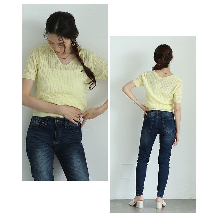 デイリーコーデに役立つVネックケーブルサマーニットプルオーバー レディース ファ… | Sawa a la mode | 詳細画像14 