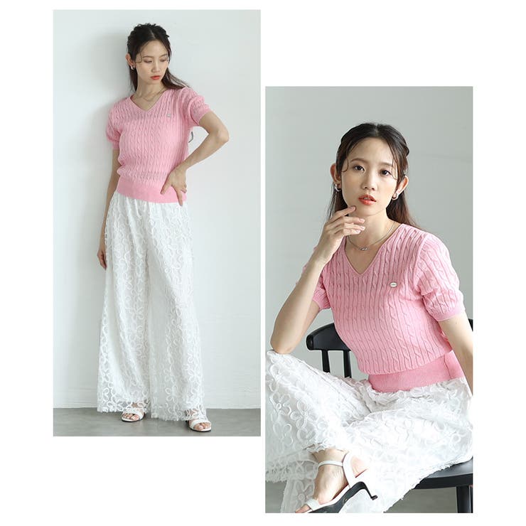 デイリーコーデに役立つVネックケーブルサマーニットプルオーバー レディース ファ… | Sawa a la mode | 詳細画像18 