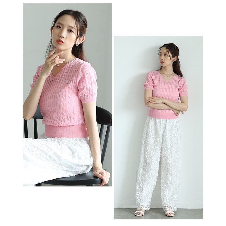 デイリーコーデに役立つVネックケーブルサマーニットプルオーバー レディース ファ… | Sawa a la mode | 詳細画像20 