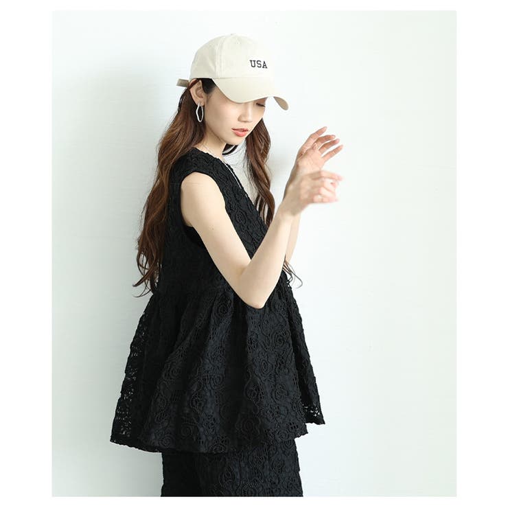 花柄コード刺繍ノースリーブペプラムトップス【7月9日20時販売新作】