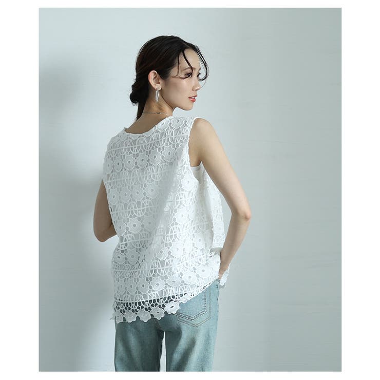 レトロな花柄レースが魅力的なノースリーブカットソー【7月10日20時販売新作】