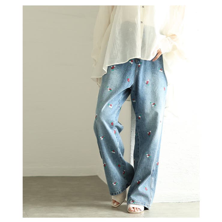 甘さを忍ばせた大人の遊び心感じる小花柄刺繍ルーズデニムパンツ レディース ファッ… | Sawa a la mode | 詳細画像2 