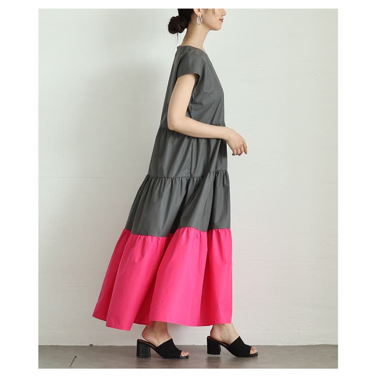 エッジの効いた配色が目を惹くフレンチスリーブティアードワンピース レディース | Sawa a la mode | 詳細画像6 