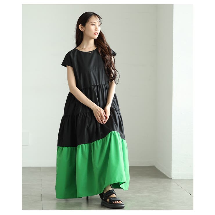 エッジの効いた配色が目を惹くフレンチスリーブティアードワンピース レディース | Sawa a la mode | 詳細画像12 